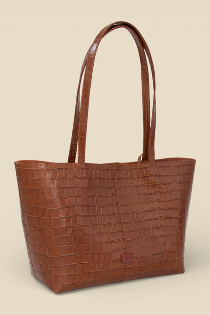 bolso de piel grabada cocodrilo nara lateral camel