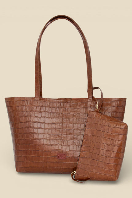 bolso de piel grabada cocodrilo nara neceser camel