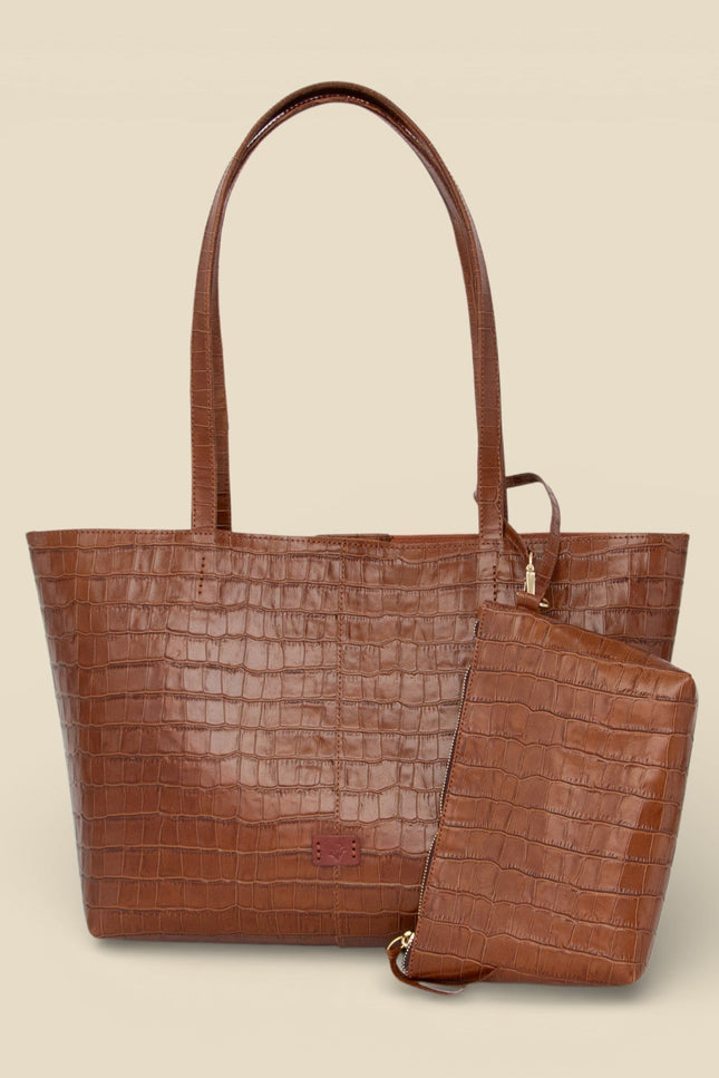 bolso de piel grabada cocodrilo nara neceser camel