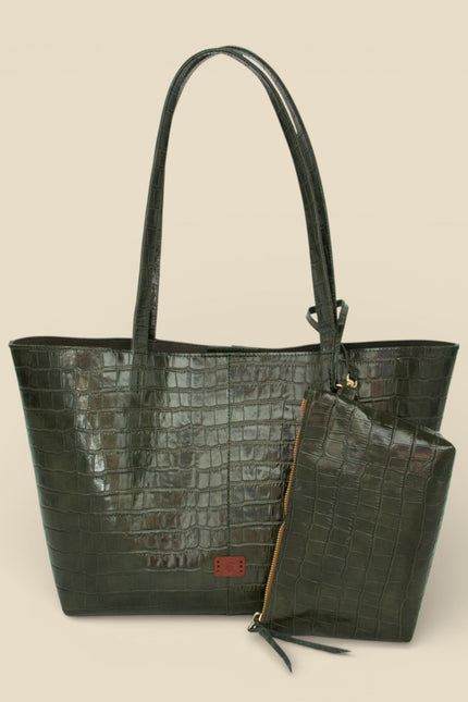bolso de piel grabada cocodrilo nara neceser verde