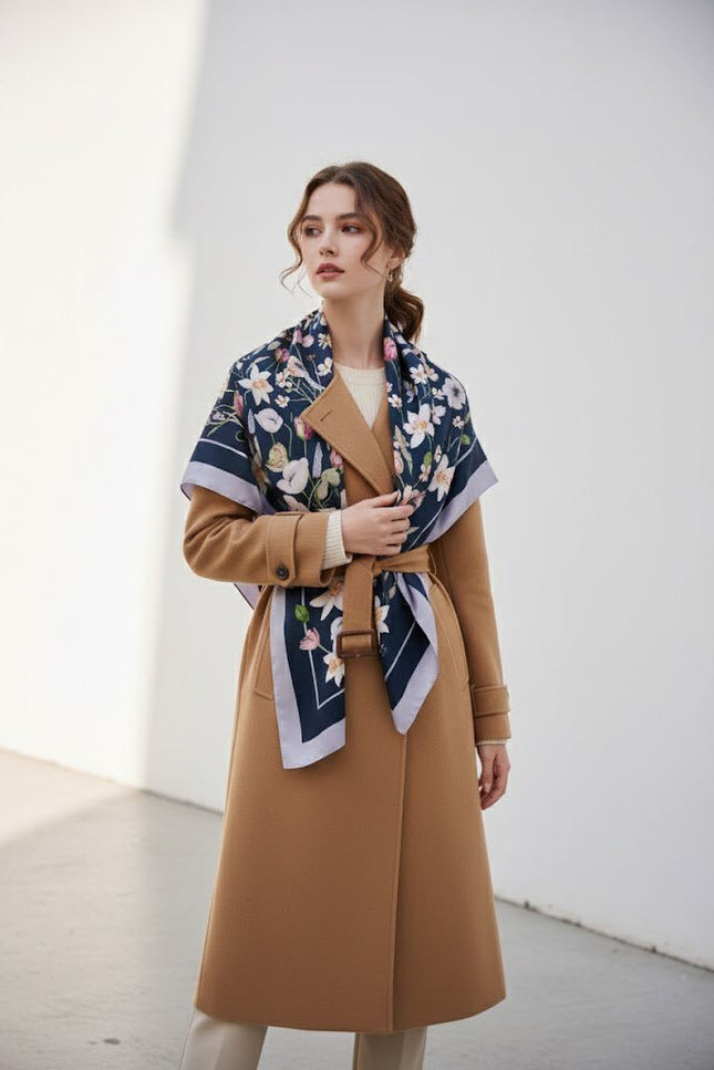 Chic model wearing a large luxury silk scarf styled as a shawl over a camel coat, quiet luxury fashion.