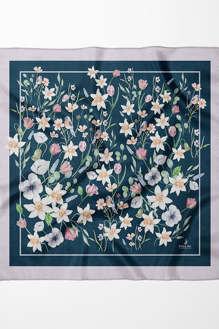 Narcissus and Robin Double-Sided Silk Scarf - Dark Blue Green - L