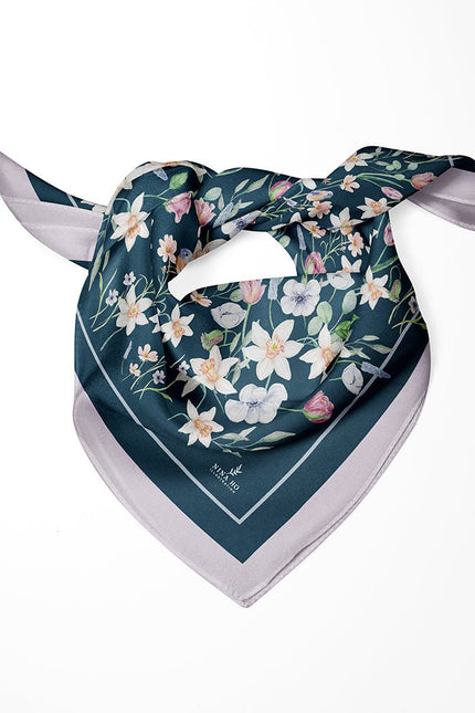 Narcissus and Robin Double-Sided Silk Scarf -Dark blue-green - S