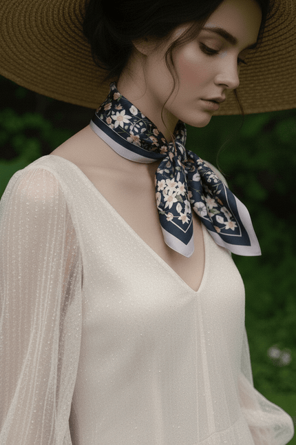 Elegant model wearing a small luxury silk scarf tied around her neck with a straw hat and dress, quiet luxury style.