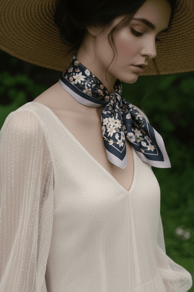 Elegant model wearing a small luxury silk scarf tied around her neck with a straw hat and dress, quiet luxury style.