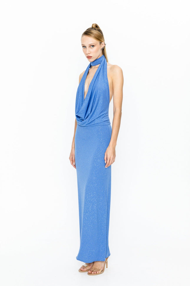 Say no more I Coco Glitter Blue Maxi Sukienka z odkrytymi plecami
