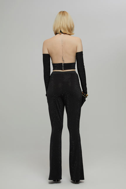 Petra Petrova | Crystal Embellished Black Halter Crop Top Lilia