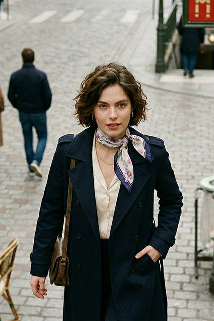 Modern woman with short hair styling a silk neck scarf with a navy coat near a Paris Metro sign, urban fashion.
