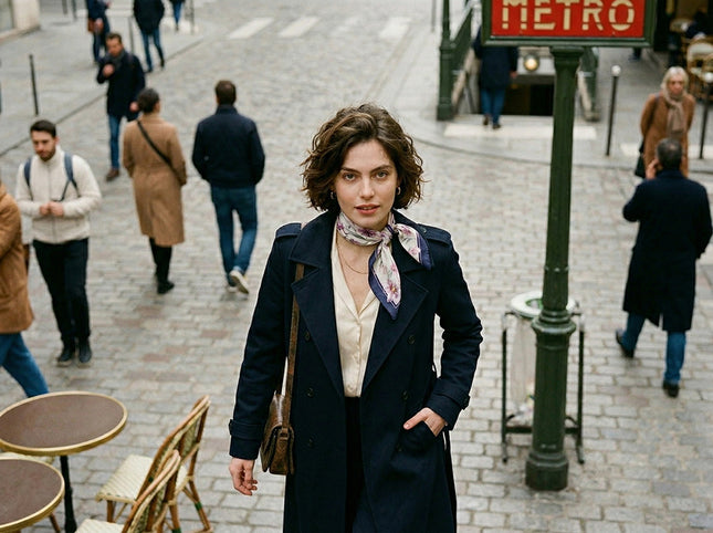 Modern woman with short hair styling a silk neck scarf with a navy coat near a Paris Metro sign, urban fashion.