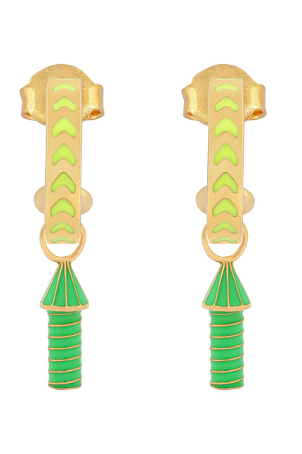 image of rocket enamel earrings in neon yellow, green and gold on white background