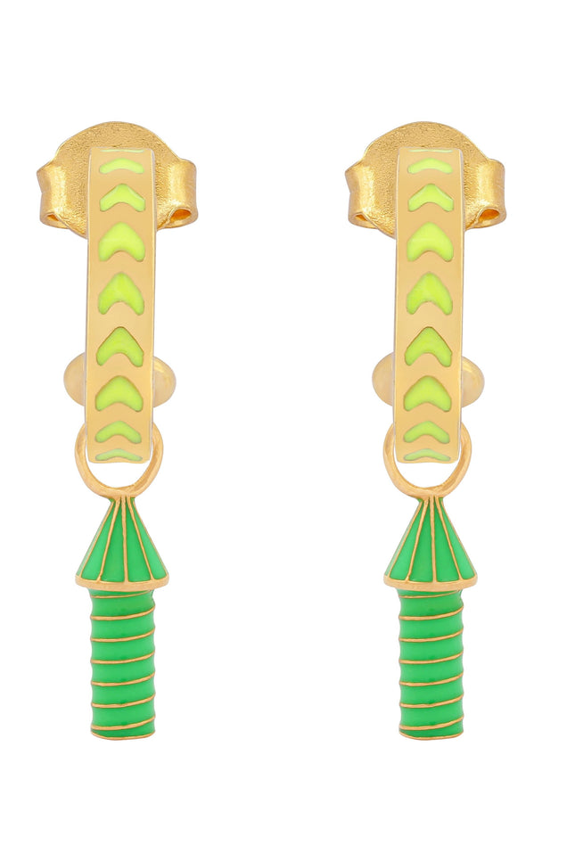 image of rocket enamel earrings in neon yellow, green and gold on white background