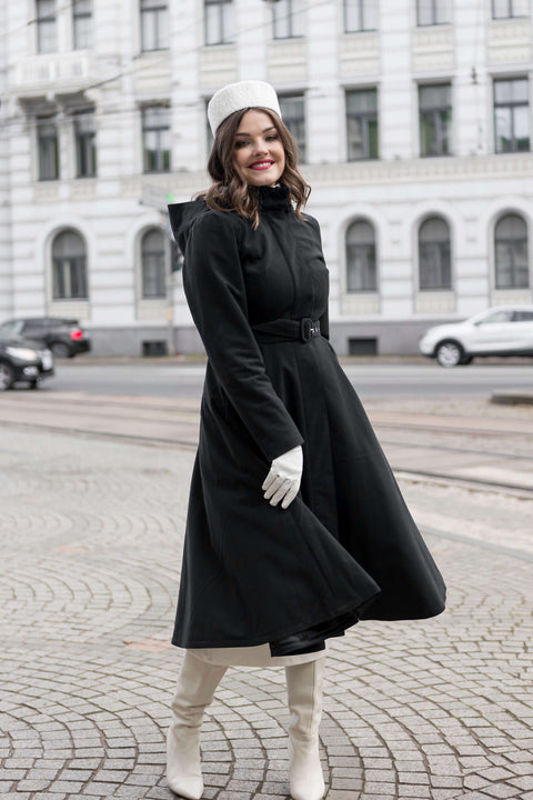 Obsidian Frost coat by RainSisters — belted midi coat with detachable hood for versatile winter style.