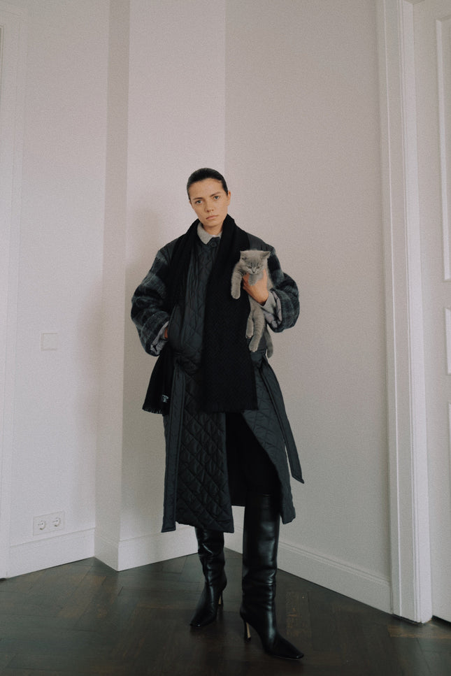Quilted Coat With a Belt and Lama Wool Sleeves (Winter sale)