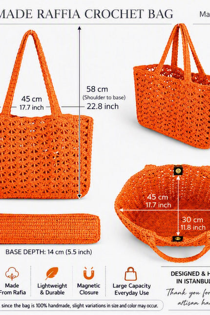 Springmoonatelier | Handmade Orange Raffia Crochet Tote Bag – Large Summer Shoulder Bag
