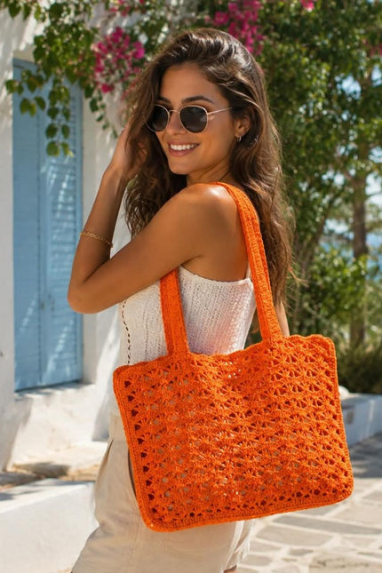 Handmade Orange Raffia Crochet Tote Bag – Large Summer Shoulder Bag