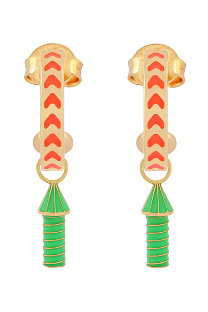 image of rocket enamel earrings in orange and green and gold on white background