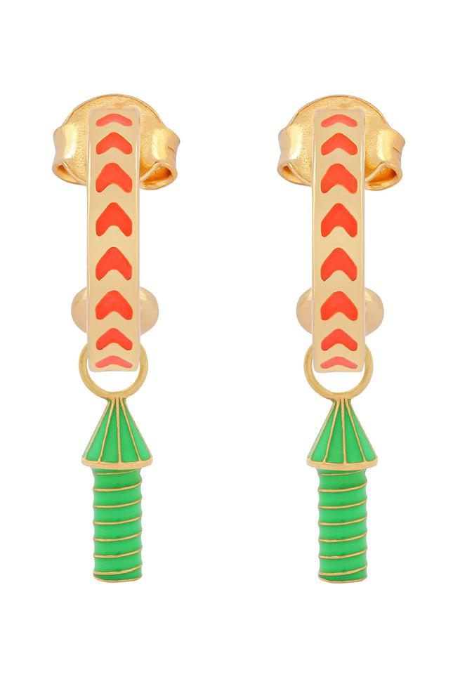 image of rocket enamel earrings in orange and green and gold on white background