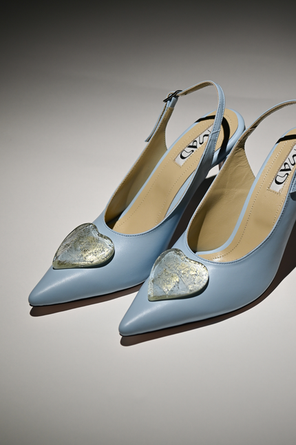 pair of artistic leather slingback baby blue 7cm white gold glass heart