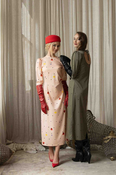 RainSisters | Sukienka midi z długim rękawem w kolorze różowym | Brzoskwiniowy kwiat