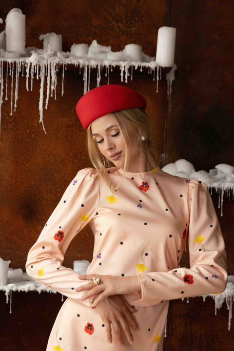 RainSisters | Sukienka midi z długim rękawem w kolorze różowym | Brzoskwiniowy kwiat