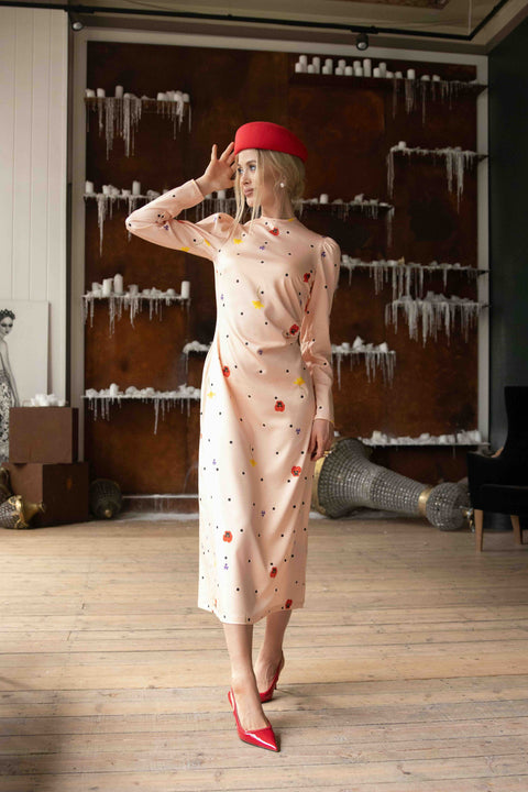 RainSisters | Sukienka midi z długim rękawem w kolorze różowym | Brzoskwiniowy kwiat