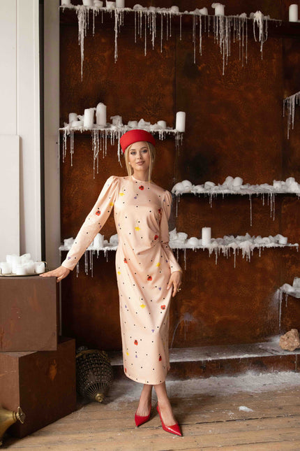 Peach Blossom midi dress in soft pink tencel satin with black polka dots and floral print, slim fit silhouette.