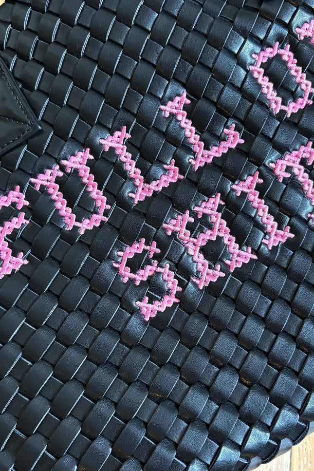 Pink and black vegan woven handbag by Lilly Loves with "FULL OF SHIT" design, featuring a stylish, textured pattern.