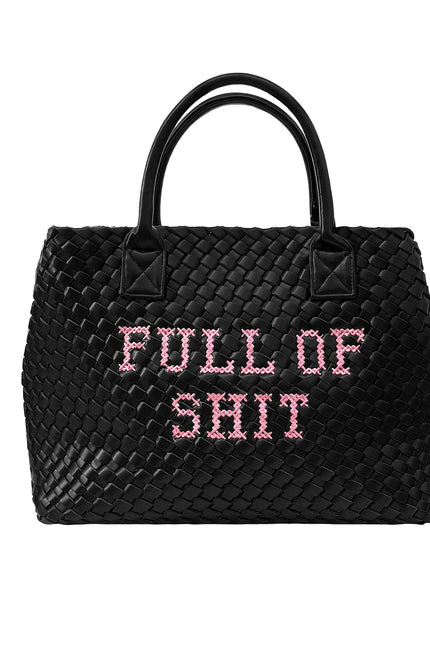 Pink Vegan FULL OF SHIT woven handbag by Lilly Loves, showing a stylish pink handbag with woven texture and bold lettering.