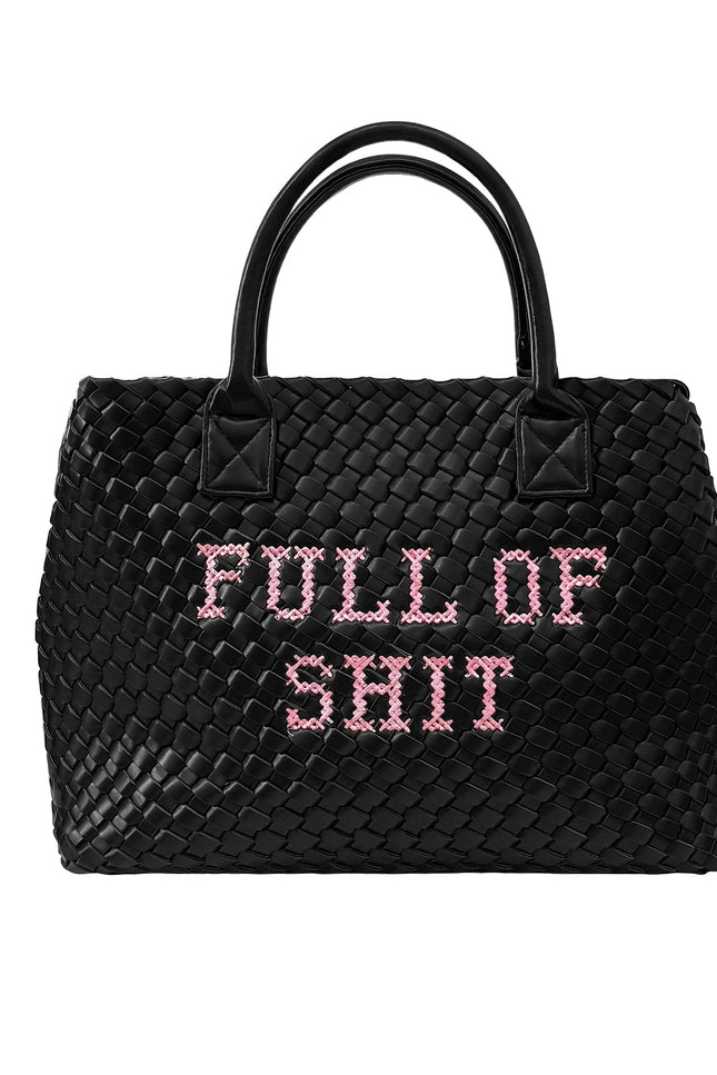 Pink Vegan FULL OF SHIT woven handbag by Lilly Loves, showing a stylish pink handbag with woven texture and bold lettering.
