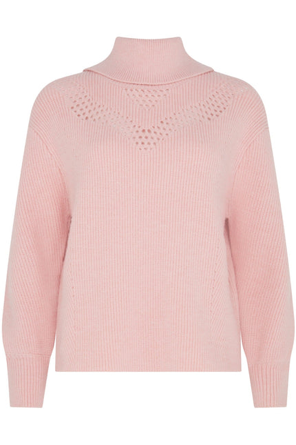Blush pink pointelle-detail funnel-neck jumper, front product view with geometric openwork yoke and long sleeves.