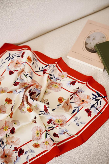 Poppy Valley Double-Sided Silk Scarf - Orange Red-S