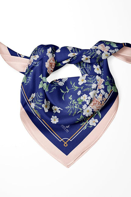 White Wildflower Double-Sided Silk Scarf - Glaze blue