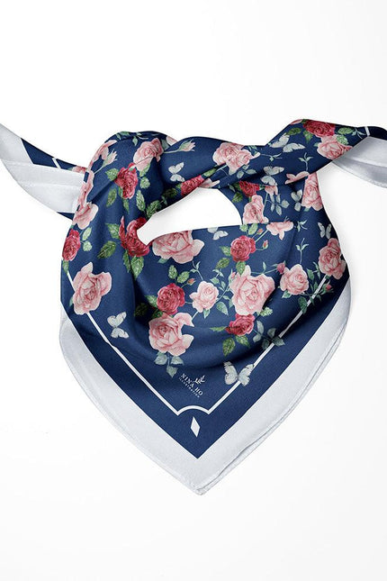 French Rose Double-Sided Silk Scarf - Indian Blue