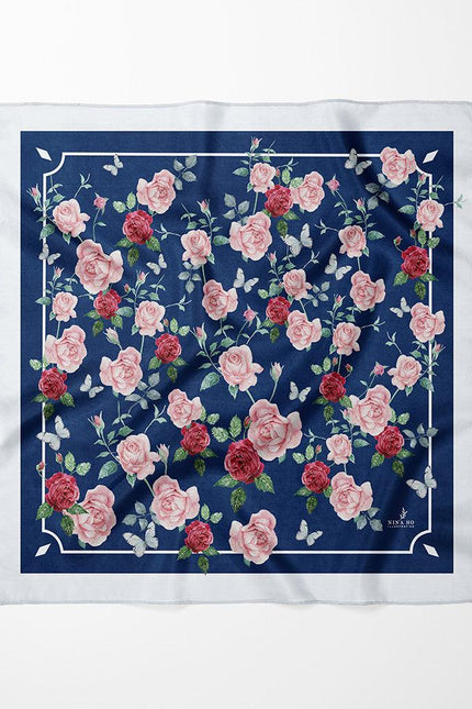 French Rose Double-Sided Silk Scarf - Indian Blue