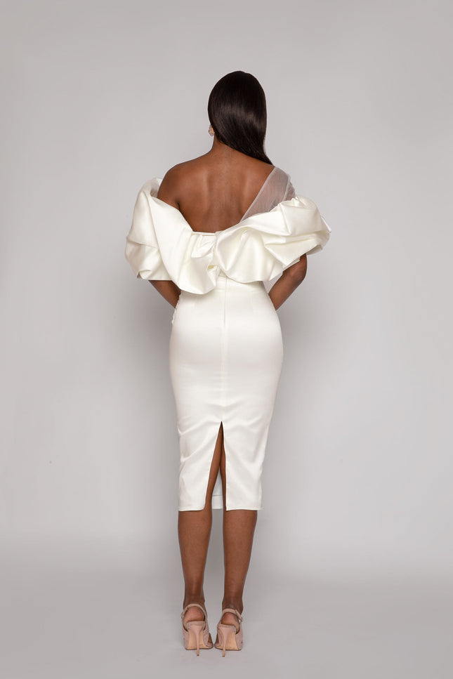 A woman wearing Puff Off Shoulder White Civil Wedding Dress With Beaded Applique - ANITABEL