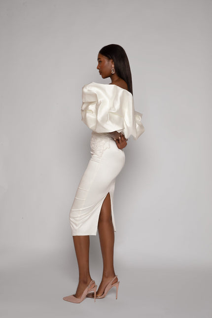 A woman wearing Puff Off Shoulder White Civil Wedding Dress With Beaded Applique - ANITABEL