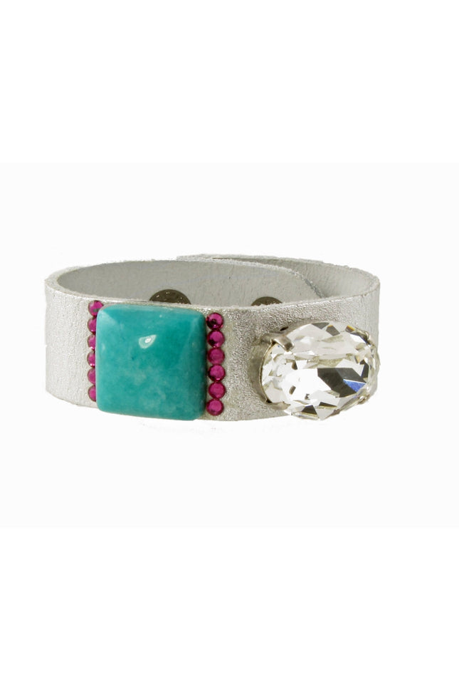 Maria Moyseos | MANIA Silver leather cuff bracelet with swarovski crystal and gemstone