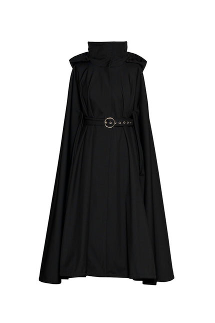A black sleeveless high-neck cape coat by RainSisters, a matching waist belt, and a decorative round metal buckle, shown against a plain white background.