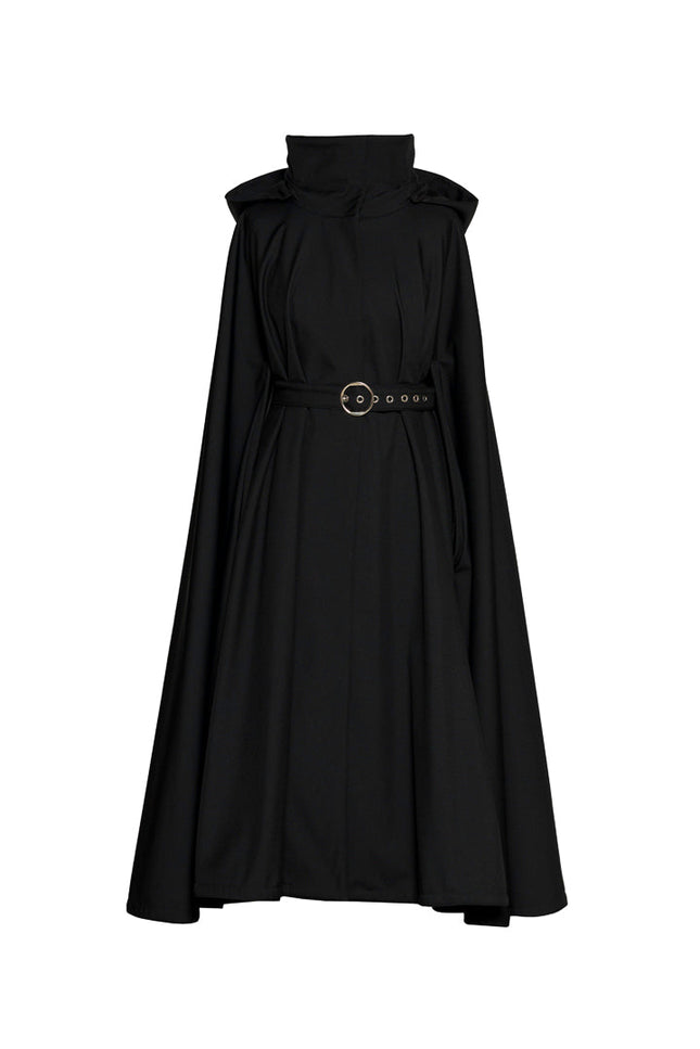 A black sleeveless high-neck cape coat by RainSisters, a matching waist belt, and a decorative round metal buckle, shown against a plain white background.