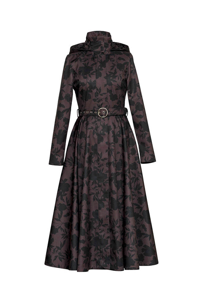 Ghost view of the Women's Brown Floral Fit and Flare Coat Brocade Dusk displaying the waterproof softshell fabric, fitted bodice, flowing A-line skirt, black Italian satin lining, and matching buckle belt.