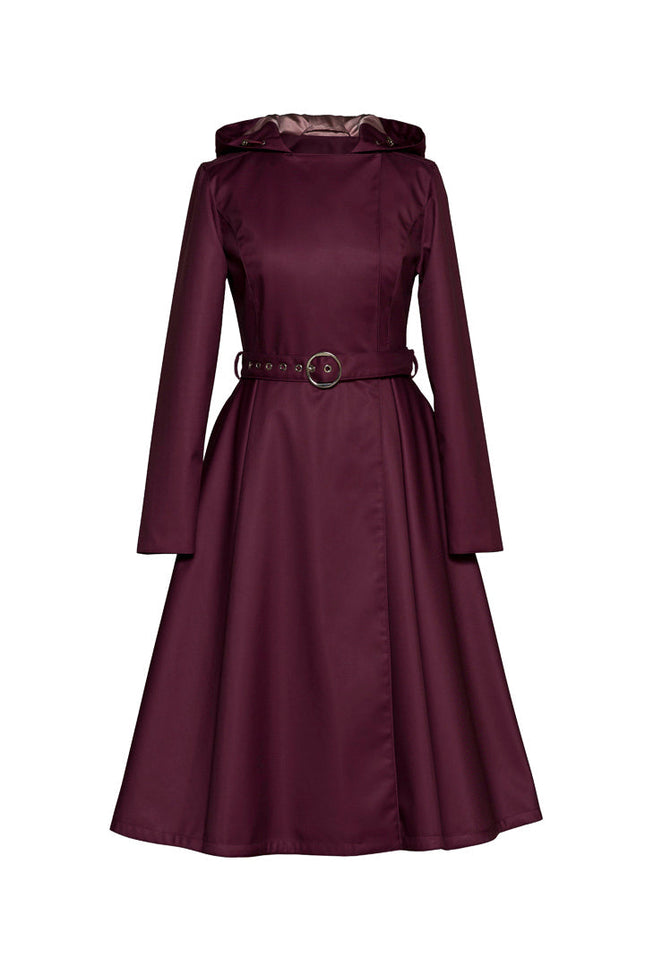 Women's deep burgundy double-breasted trench coat with a matching buckle belt on a white background.