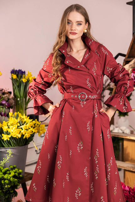Deep burgundy coat with romantic lily of the valley design