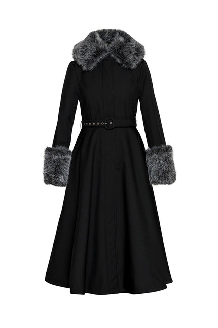 Ghost mannequin view of a women's black winter coat displaying the removable faux fur on the hood, collar, and cuffs, black Italian satin lining, fitted bodice, flowing skirt, and matching buckle belt.