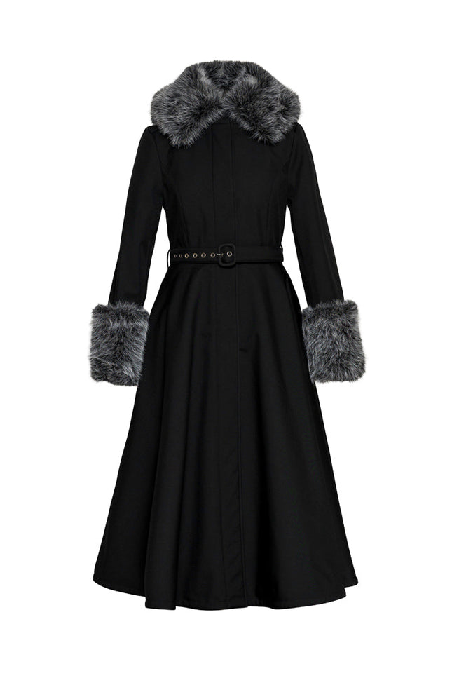 Ghost mannequin view of a women's black winter coat displaying the removable faux fur on the hood, collar, and cuffs, black Italian satin lining, fitted bodice, flowing skirt, and matching buckle belt.