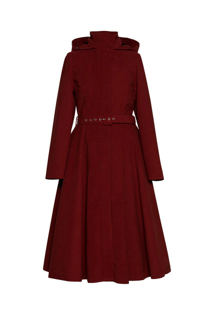 Ghost mannequin view of a women's deep red fit and flare winter coat displaying the premium fabric, black Italian satin lining, fitted bodice, flared skirt, and matching belt.