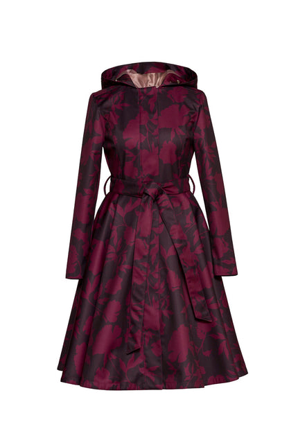 Women's burgundy floral fit and flare coat with a full circle skirt, matching tie belt, and removable hood on a white background.