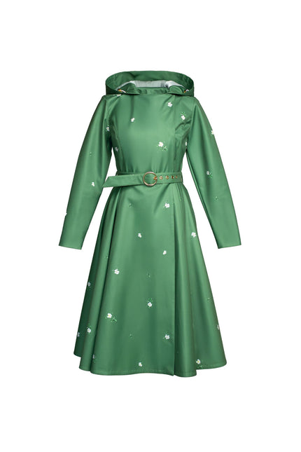 Primrose in Bloom green floral women's waterproof coat isolated on light background 