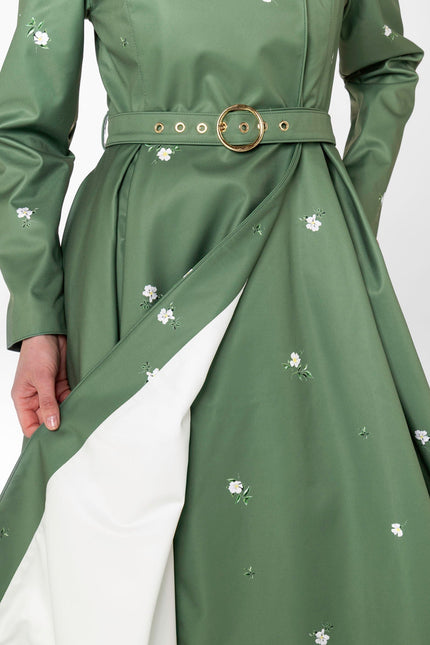 Light mint Italian satin lining inside Primrose in Bloom women's designer waterproof coat
