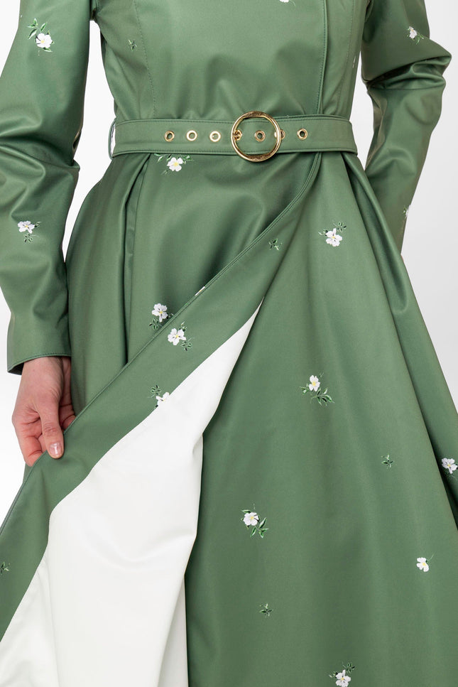 Light mint Italian satin lining inside Primrose in Bloom women's designer waterproof coat