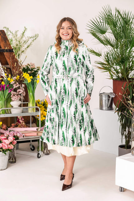 Green floral A-line coat with pleated skirt